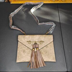 Small Pleather Crossbody Bag w/ Tassel – Tan & Brown – Faux Leather